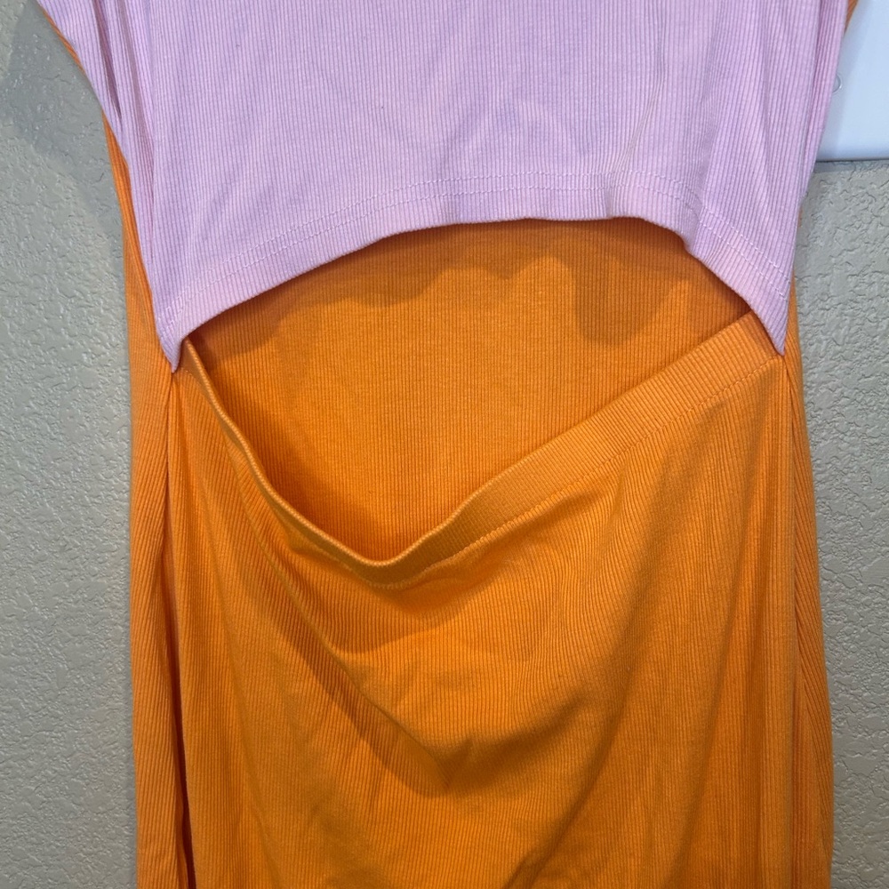 Orange and Pink Midi Cutout Dress Size L Vacation Colorblock Beach - Picture 5 of 8